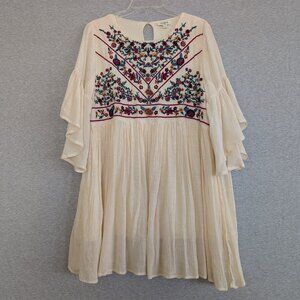UMGEE Dress L Pale Yellow Boho Bliss Mini Floral Embroidered Peasant Lined
